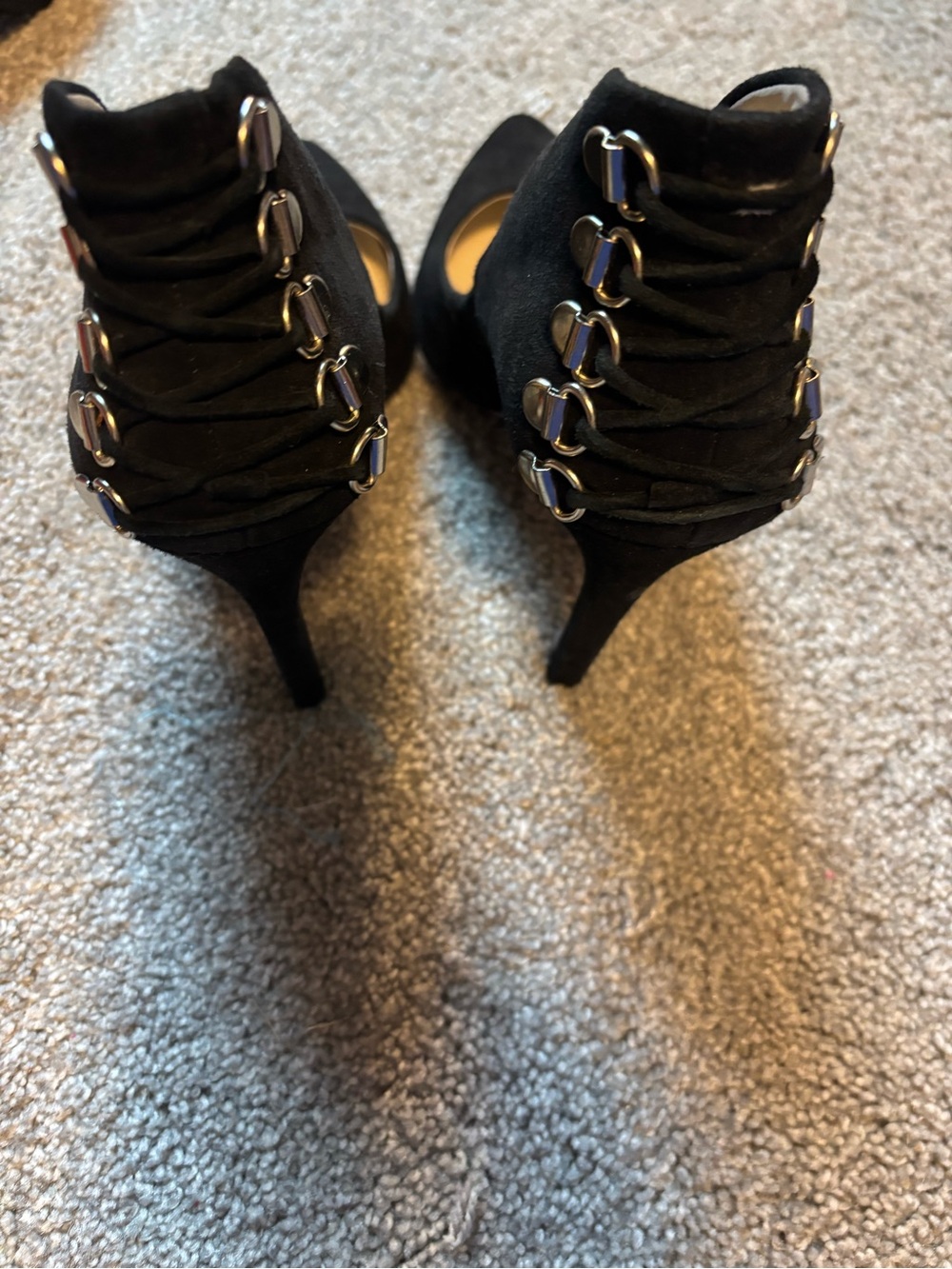 BCBGeneration Black Suede Lace-Up Stiletto Heels with Silver Hardware